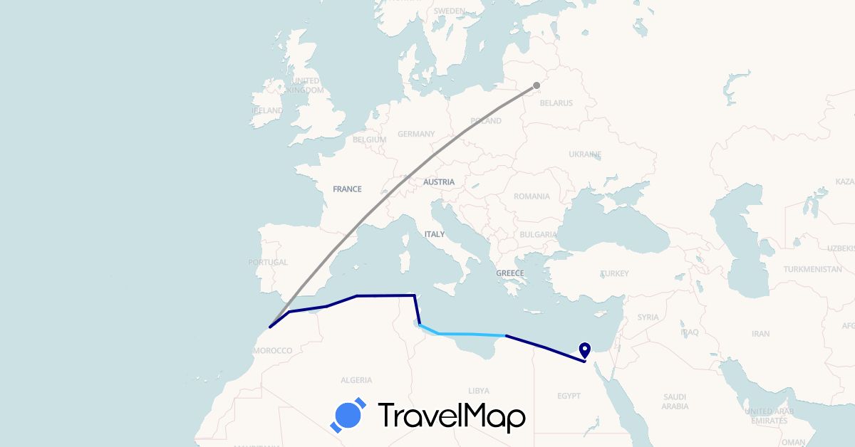 TravelMap itinerary: driving, plane, boat in Algeria, Egypt, Lithuania, Libya, Morocco, Tunisia (Africa, Europe)